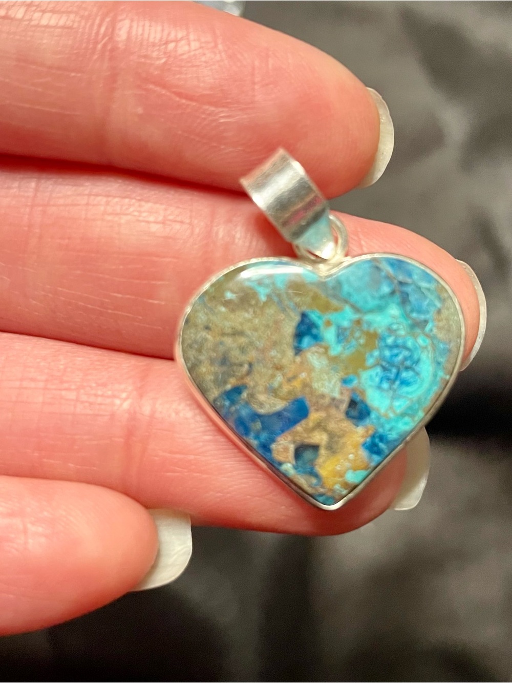 Chrysocola Heart -Shaped Blue-Green Stone Pendant in Sterling Silver 925